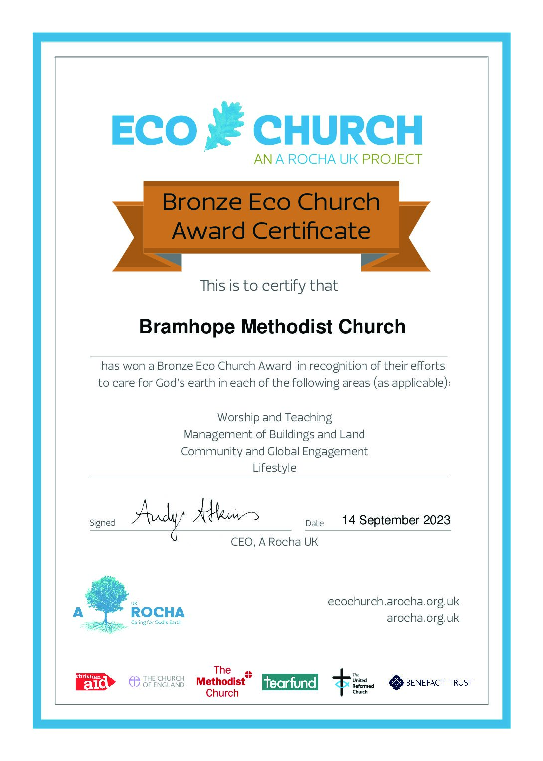 ECO CHURCH (an A Rocha Uk Project).  We have been awarded a Bronze Eco Church Award in recognition of our efforts to care for God’s earth in the following areas:
